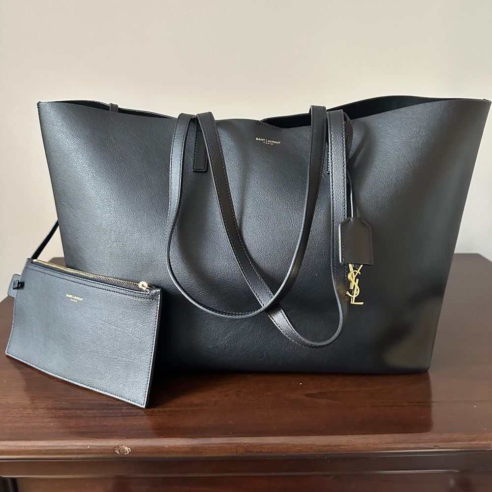 Saint Laurent Black Leather Tote with Gold YSL Charm